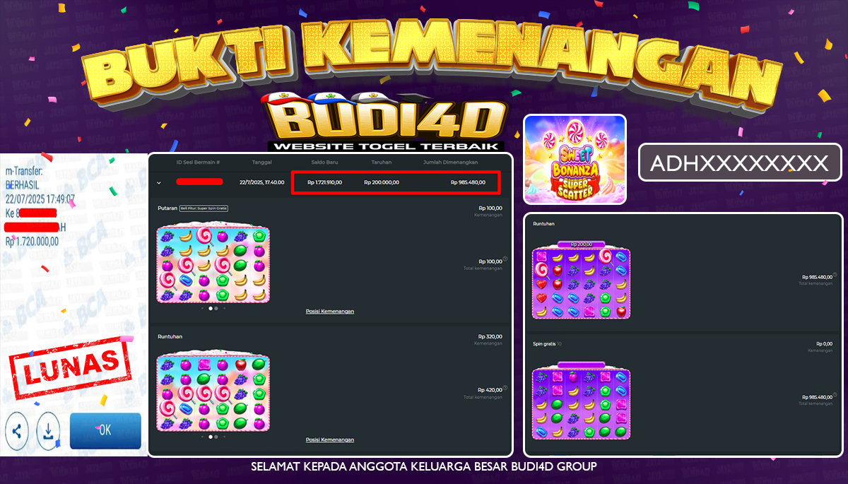 BUDI4D JACKPOT SLOT PRAGMATIC SWEET BONANZA SUPER SCATTER Rp.1.720.000,- LUNAS